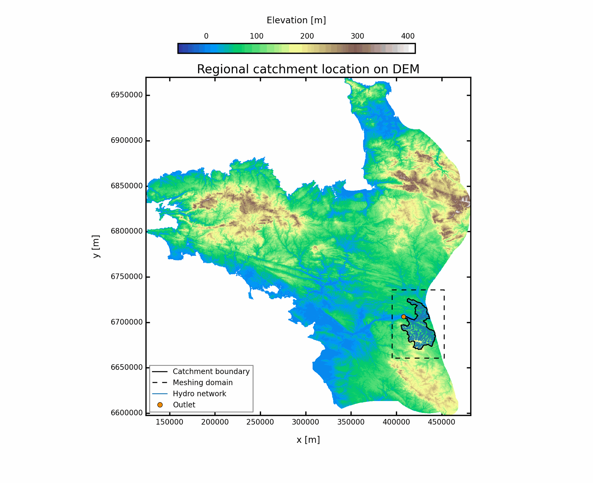 1000 km2 Mesh, Outlet 3, Geology + rivers, 30% buffer regional context