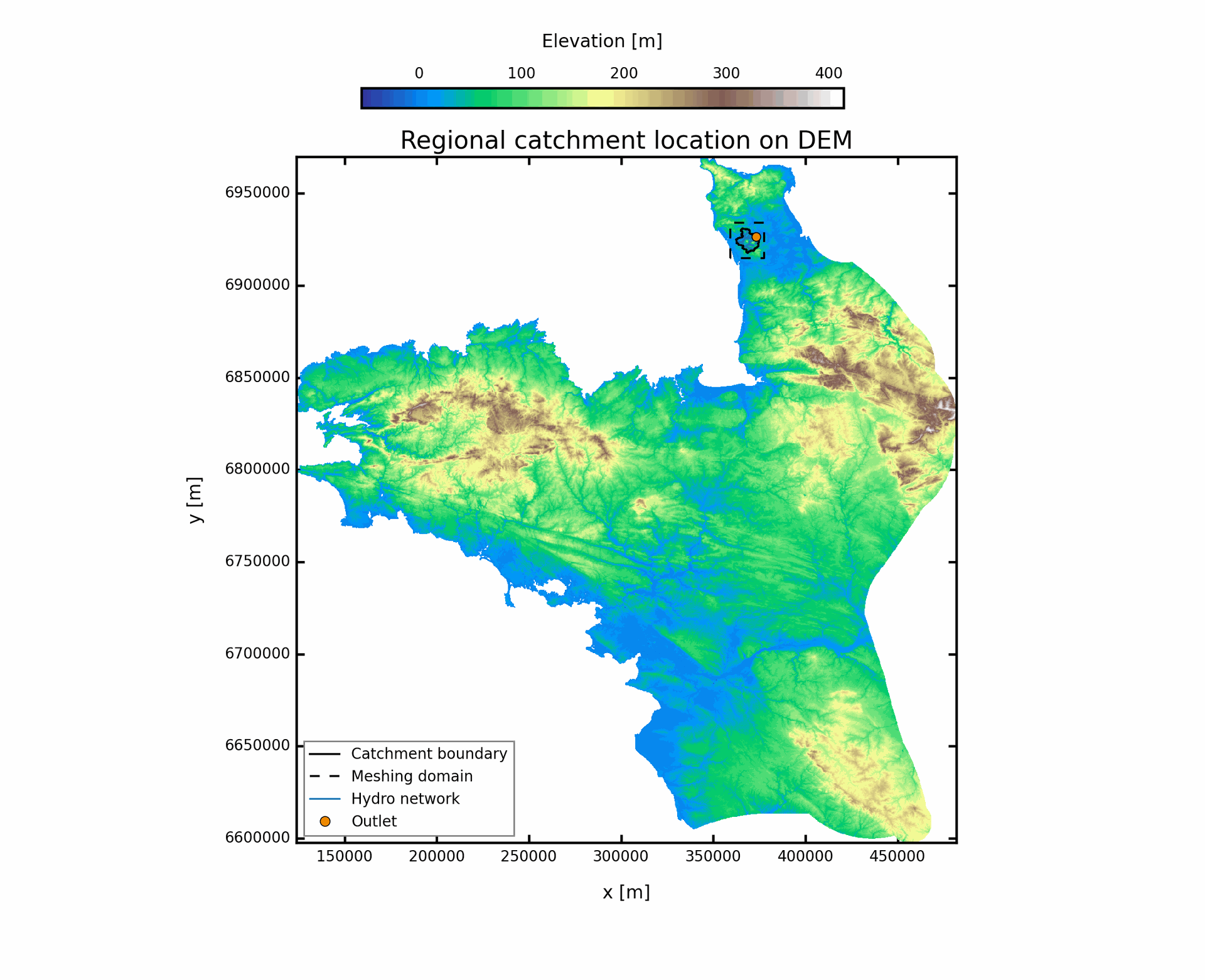 100 km2, Strahler 3 Mesh, Outlet 20, Geology + rivers, 30% buffer regional context