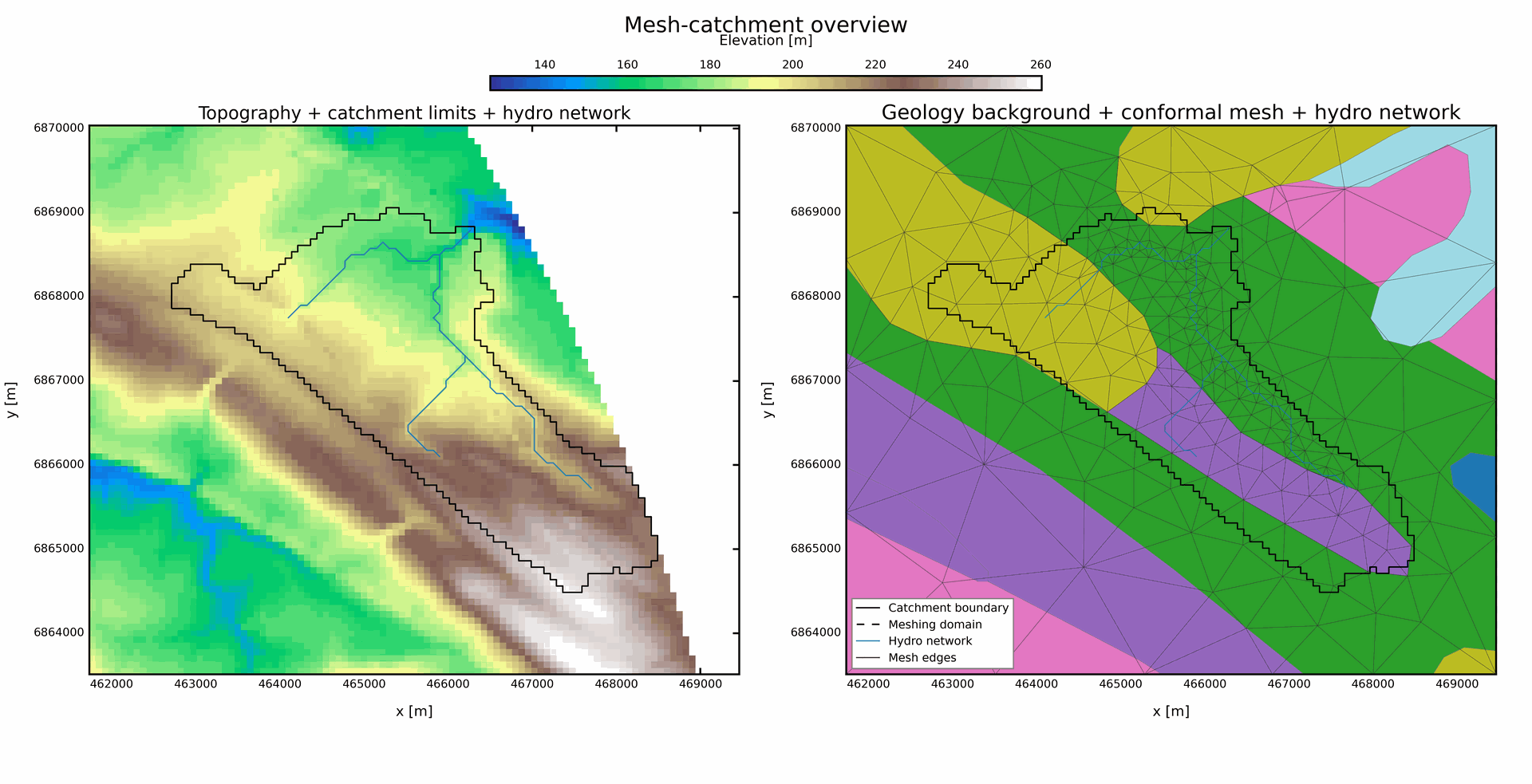 10 km2, Strahler 3 Mesh, Outlet 1, Geology + rivers, 30% buffer overview
