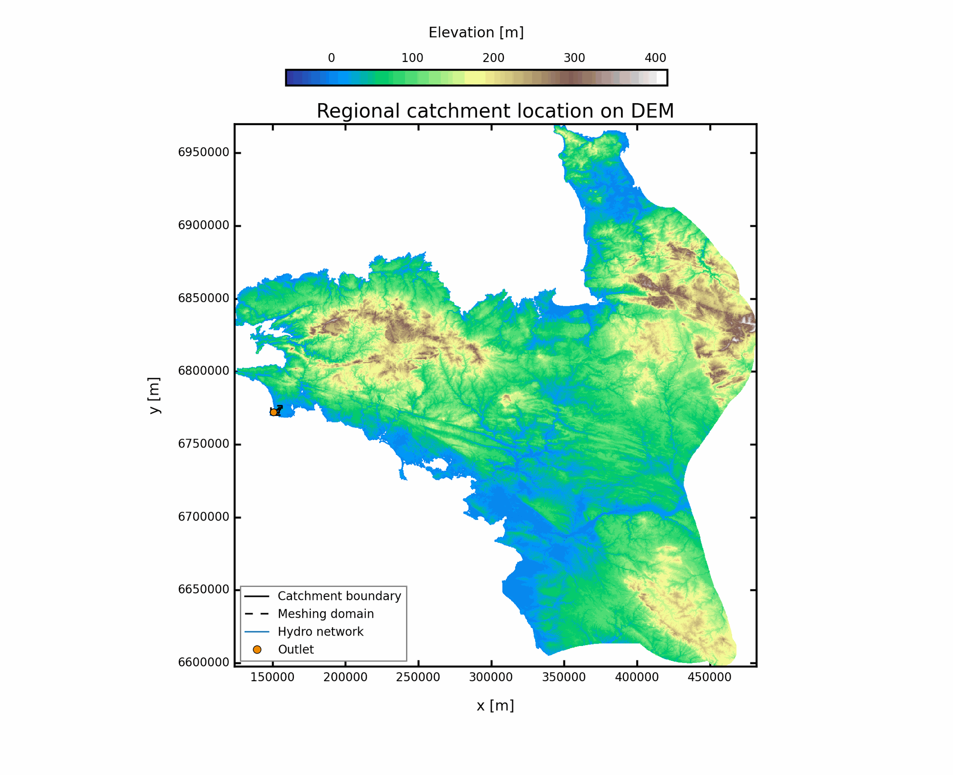 10 km2, Strahler 3 Mesh, Outlet 3, Geology + rivers, 30% buffer regional context